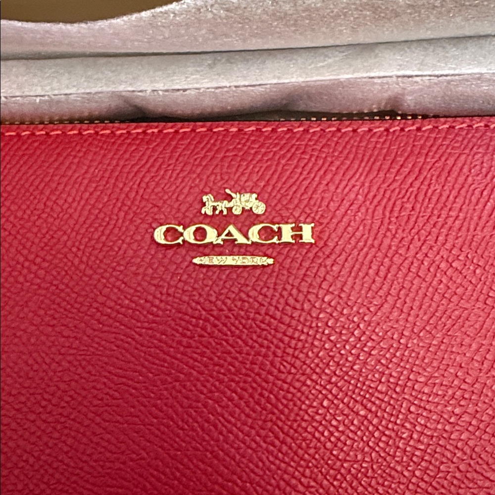 Coach Red Leather Zip Card Pouch wallet wristlet with Gold Charm Accents - Picture 2 of 3